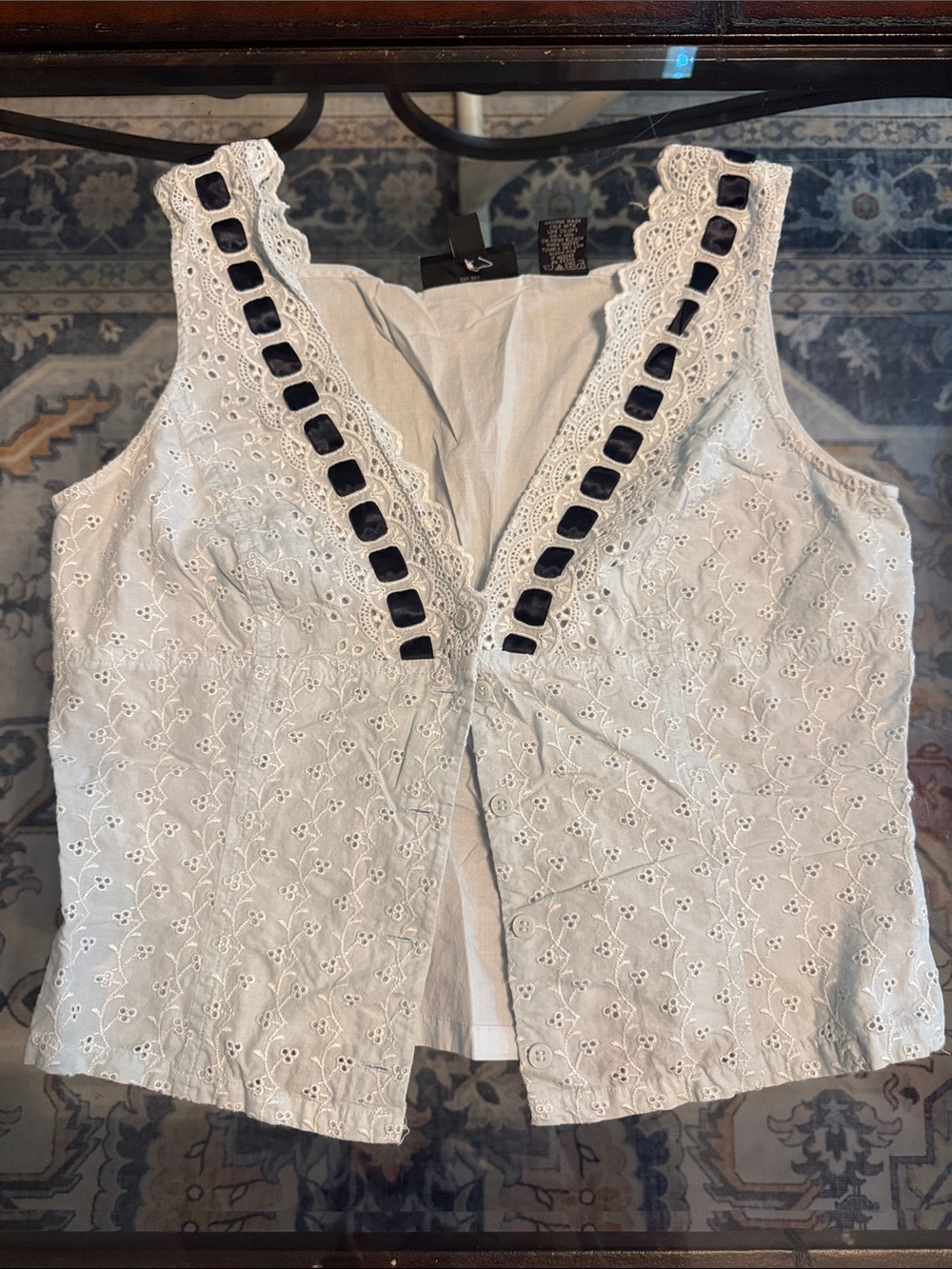 Vintage Express Sleeveless Pale Blue Eyelet Lace Tank with Black Ribbon Trim